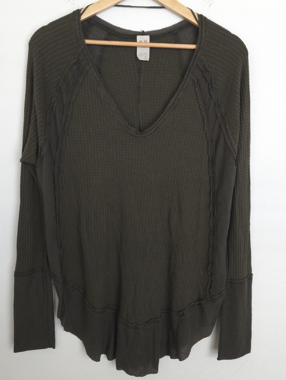 We The Free Catalina Waffle Thermal Boho Olive V-Neck Long Sleeve Top L